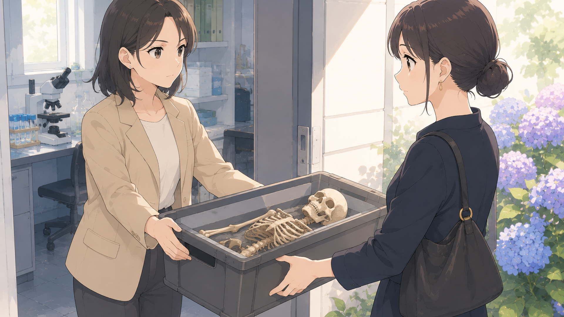古人骨を前に穏やかな表情を浮かべる春日陽子と樹木の会の秘密を象徴する場面