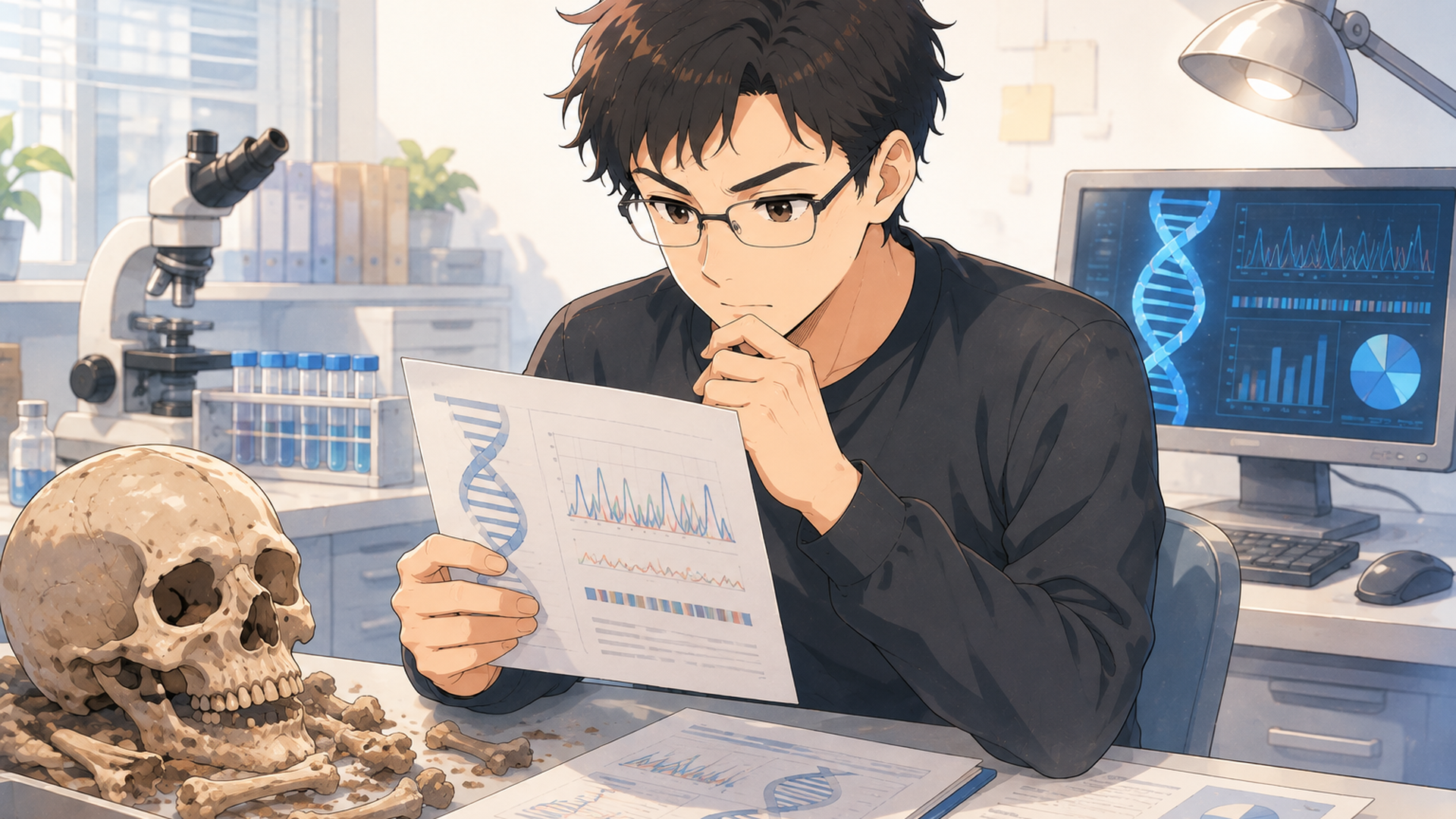 古人骨のDNA解析結果を見つめる七瀬悠