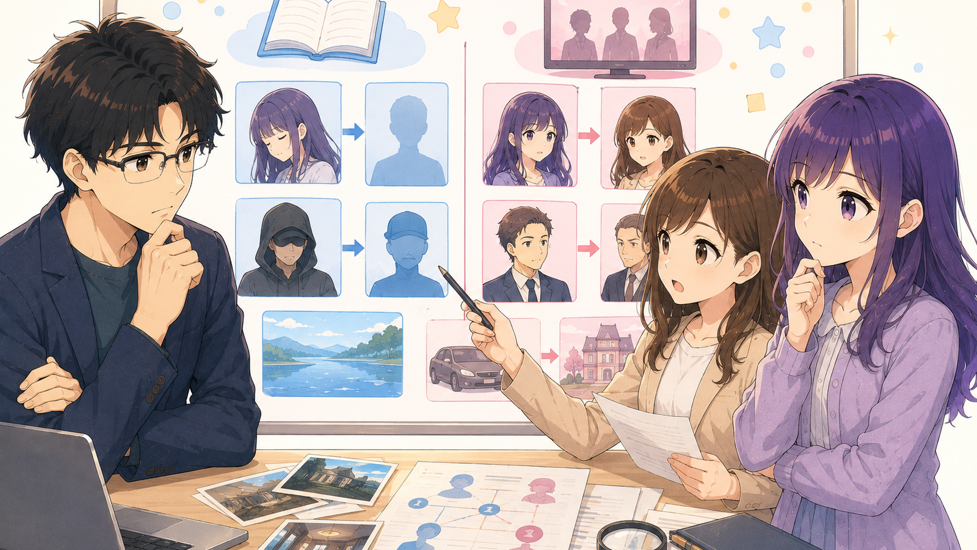 原作小説とドラマ版の人物や事件の違いを比較する七瀬悠たち