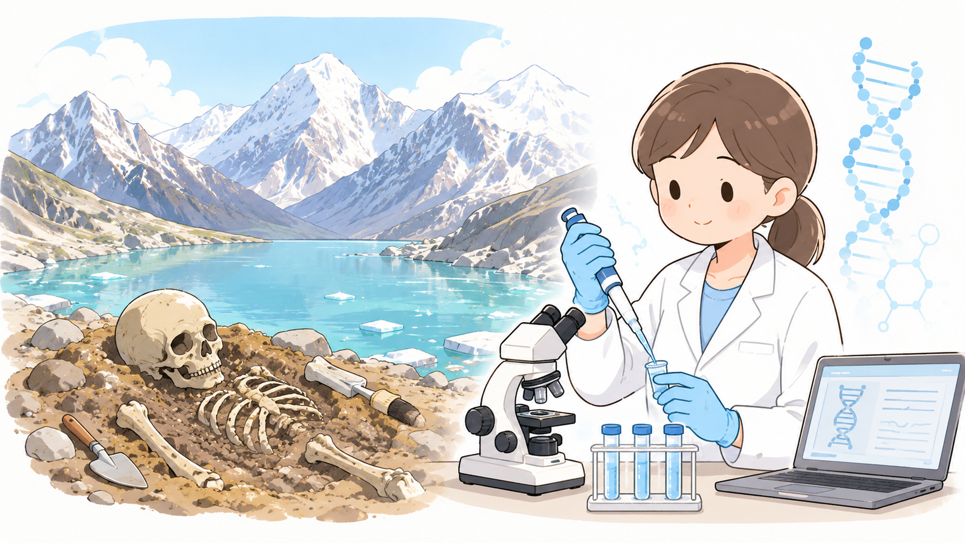 ヒマラヤの湖で発掘された人骨とDNA鑑定を行う研究者