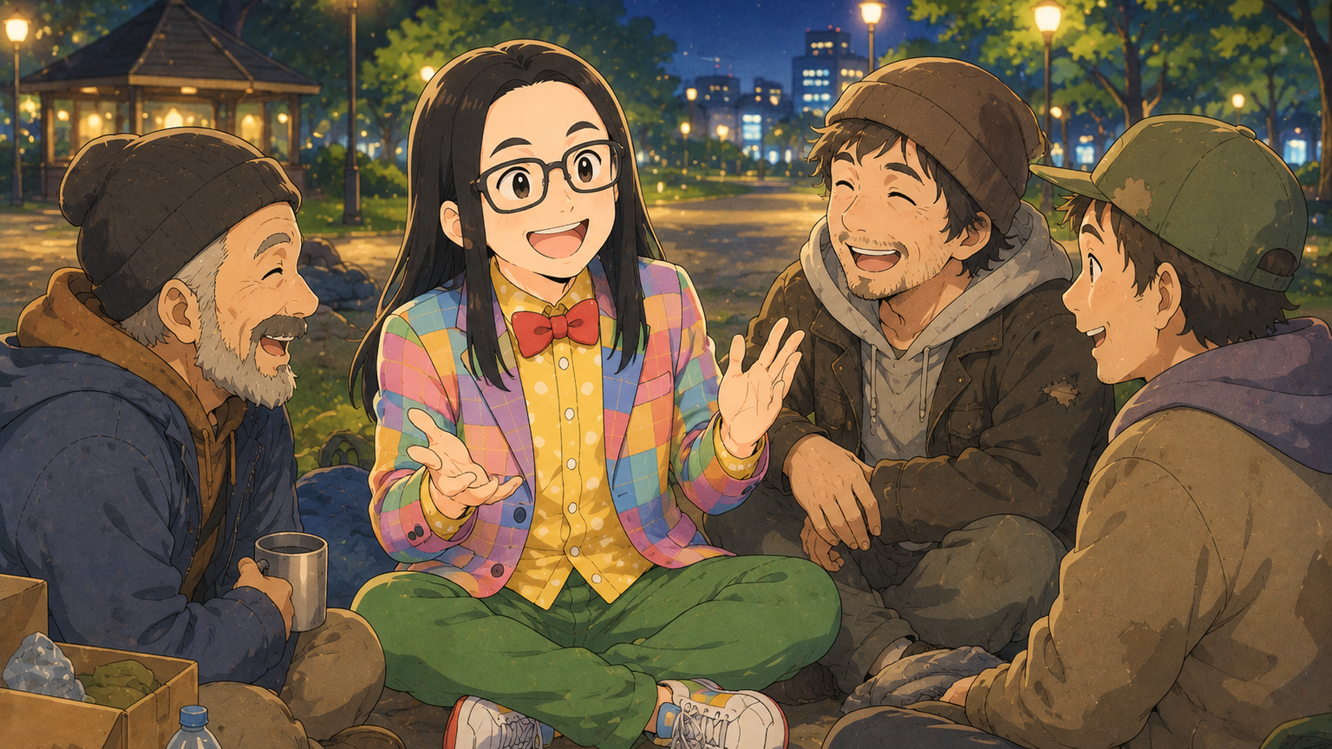 夜の山城公園でホームレスたちに混じって談笑するゆってぃ