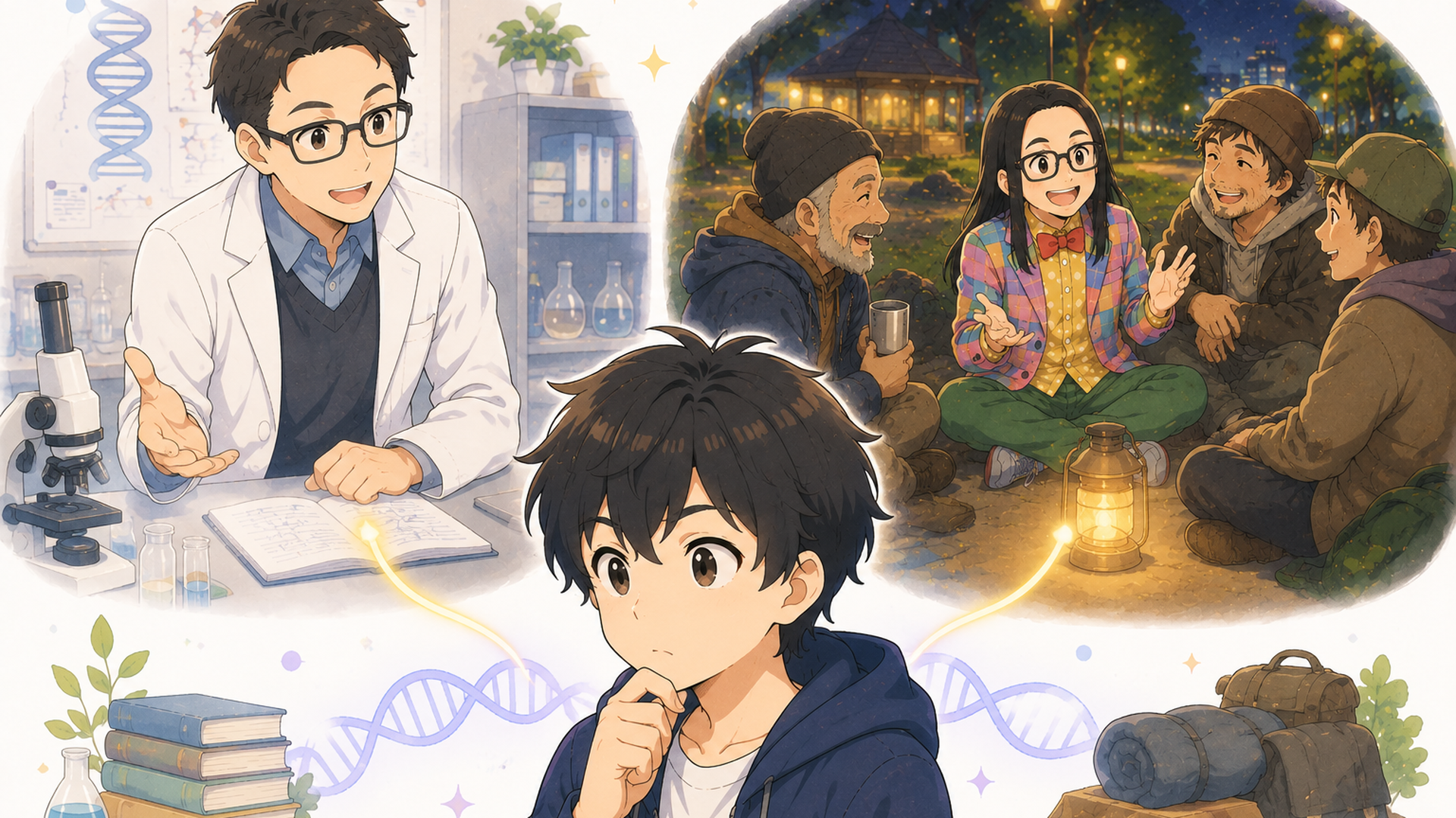 研究室の糸原和幸と夜の山城公園のホームレスが物語を支える場面